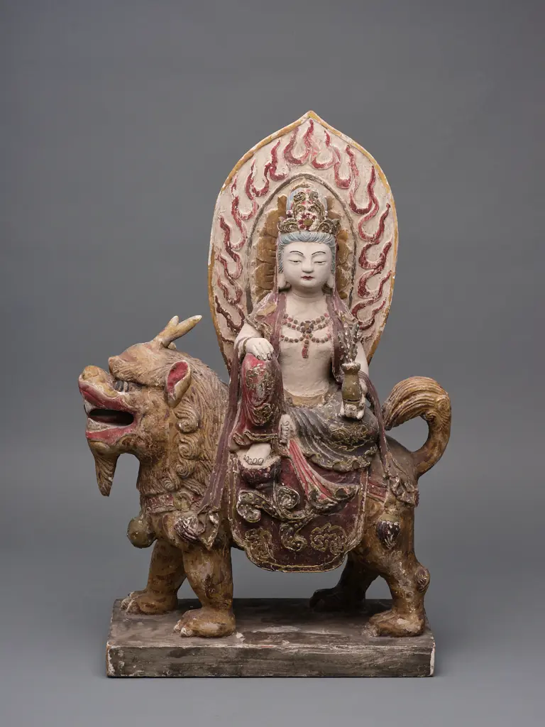 Chinese wood and gesso Buddha figure seated on mythological lion dog, Image 1++